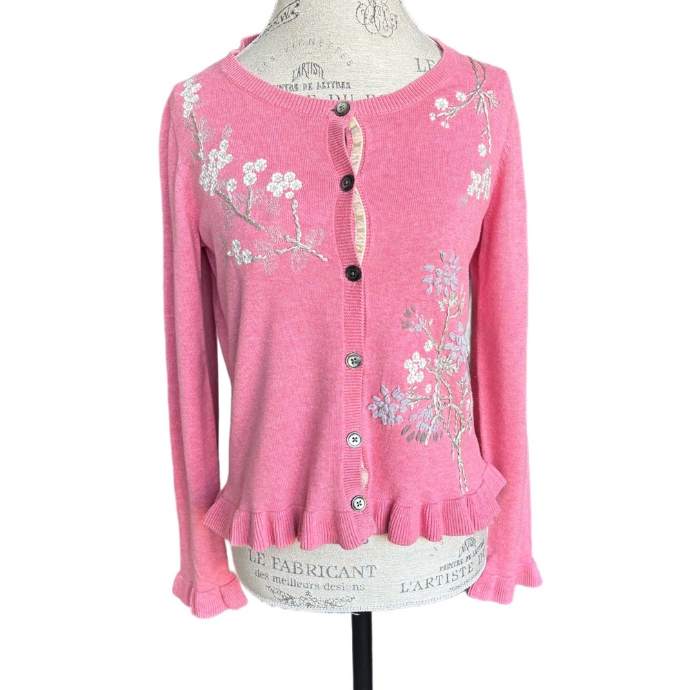 Sundance Embroidered Ruffle Hem Cardigan Sweater Small